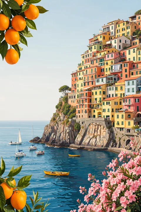 Cinque Terre, Italy. Colorful hillside buildings overlook blue coastal water and boats, with lemons at the left and pink flowers at the lower right.