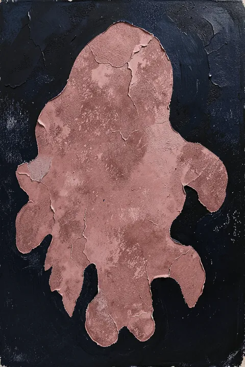 Flowing Rose Forms. A large irregular dusty-rose form with a rough texture floats against a dark textured ground.