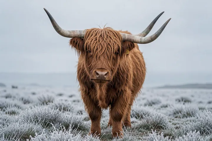 Highland Cow Winter Frost. A shaggy brown Highland cow with long curved horns stands in a frost-covered field beneath a pale winter sky.