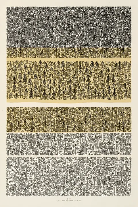 Cooling in a hot zone garden 1924. Four horizontal panels combine dense black botanical and geometric linework with pale cream and muted golden fields.