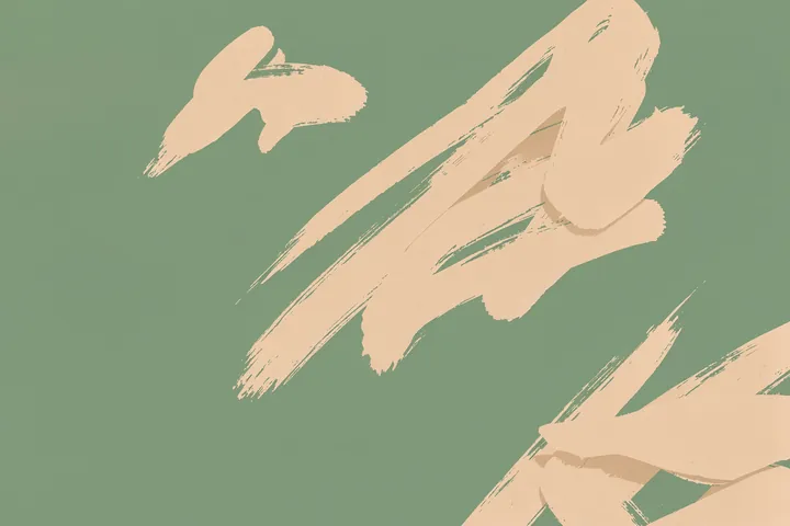 Flowing Organic Lines. Broad flowing peach brush forms sweep diagonally across a muted sage-green background.