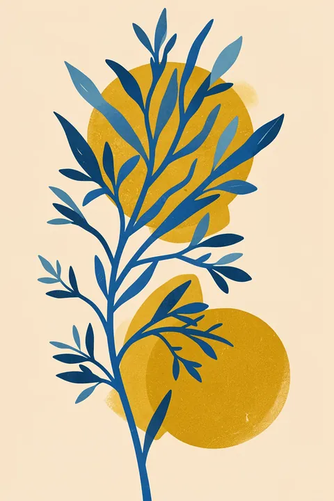 Blue Leaves Silhouette and Golden Sun. Stylized blue leafy branches overlap two large golden sun-like circles on a soft peach ground.