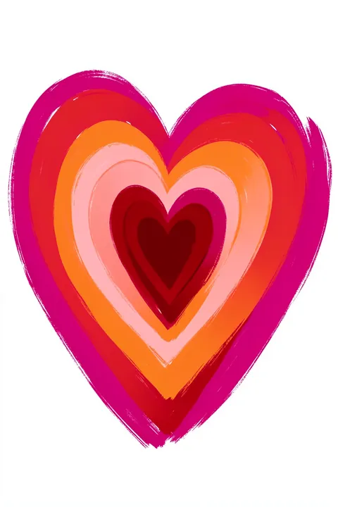 Heart Layers Harmony. Concentric hand-painted hearts in magenta, red, orange and pale pink are centered on white.