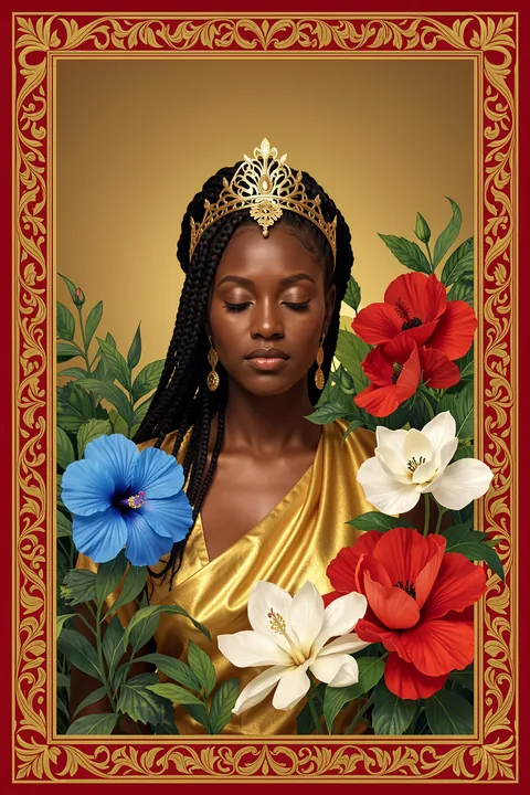 Braided Woman Floral Dream. A woman with long braids and a gold crown wears a gold dress among large red, blue and white flowers, within an ornate red-and-gold frame.