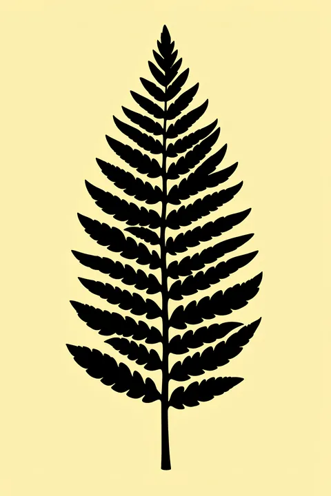 Elegant Fern Silhouette. A single black fern frond stands upright against a pale yellow background.