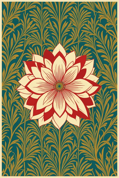 Honeysuckle. A large layered red-and-cream flower sits over a teal field patterned with golden botanical motifs.