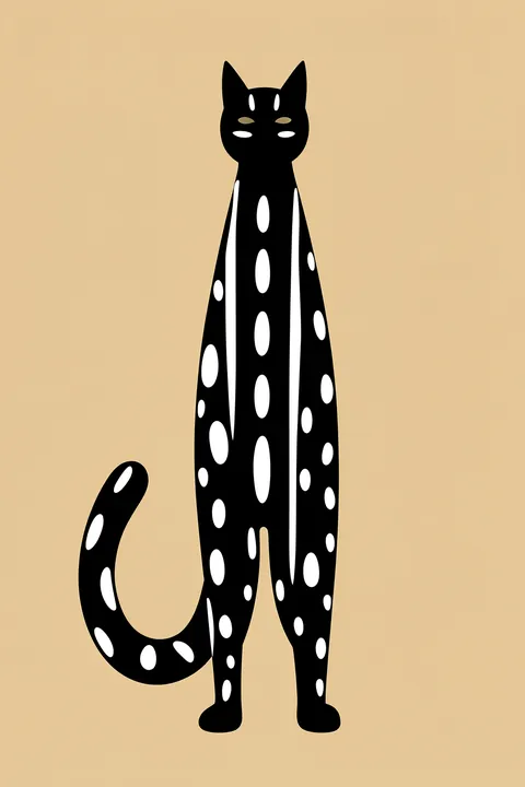 Striped Whimsical Cat. A tall black cat with white spots and stripes stands against a warm beige background.