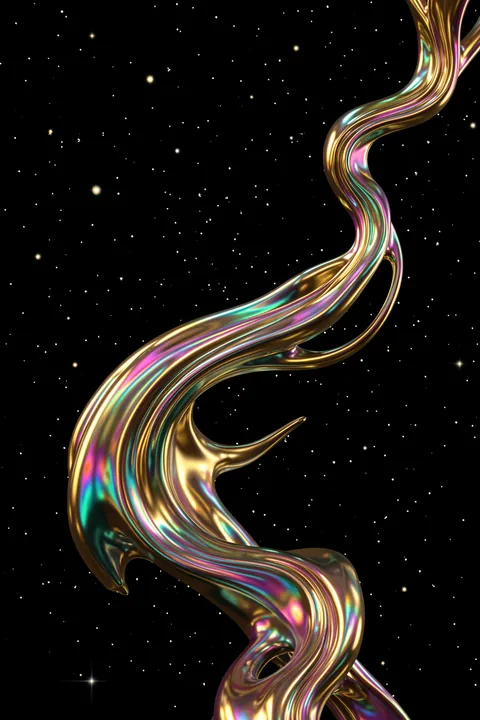 Cosmic Liquid Swirls. A flowing iridescent gold ribbon-like form curls through a black star-filled space.