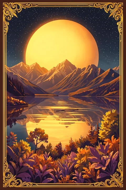 Golden Sun Mountain Lake. A huge glowing golden sun hangs above mountain peaks and a reflective lake, framed by an ornate gold border.