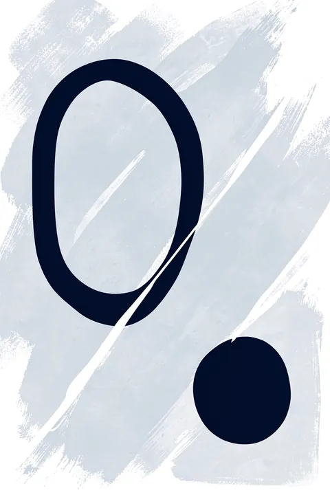 Abstract Blue Serenity. A navy oval and circle sit over loose pale blue-grey brush marks on white.