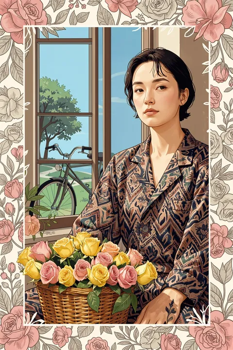 Dreamy Floral Window. A short-haired woman in a patterned robe sits beside a window and bicycle, holding a basket of roses within a floral border.
