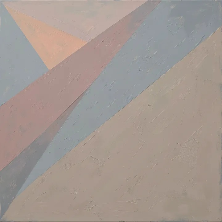 Credo quia absurdum II. Broad textured diagonal strokes in dusty pink, pale blue and taupe overlap in a muted abstract composition.