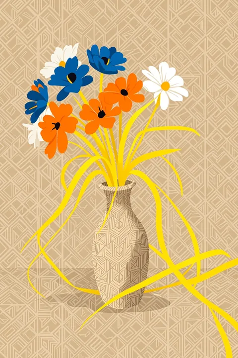 Vibrant Floral Arrangement. Bright blue, orange and white flowers rise from a patterned vase among long yellow stems, against a geometric beige backdrop.
