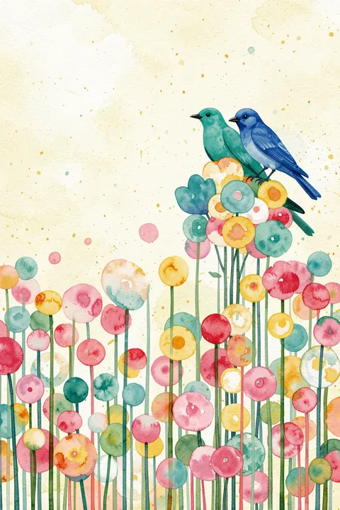 Dreamy Garden Birds. Two teal and blue birds perch above colorful round flowers in a loose watercolor-style garden scene.