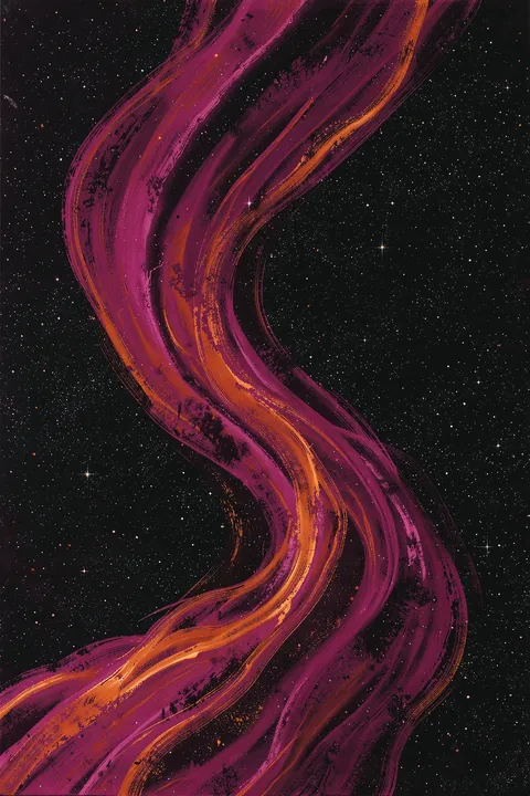 Cosmic Fluid Nebula. A sweeping magenta and orange nebula-like band crosses a dark star-speckled background.