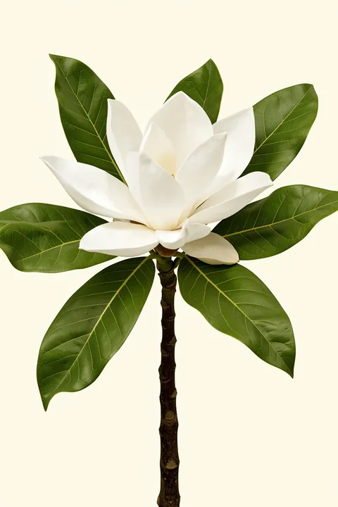 Southern Magnolia (1918). A large white magnolia flower and broad green leaves grow from a single upright stem against cream.