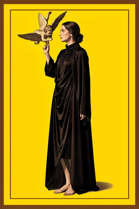Napoleaons Love Affair. A woman in a long black robe faces a small winged cherub on a bright yellow field inside a dark border.