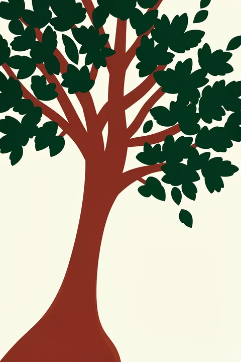 Organic Tree Foliage. A stylized broad-canopied tree with dark green foliage and a reddish-brown trunk stands against cream.