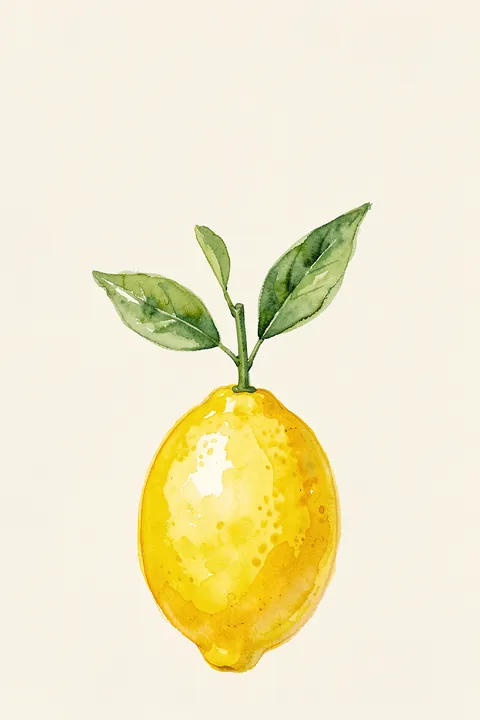 Watercolor Lemon Ciao. A single yellow lemon with two green leaves is painted in watercolor on a light cream background.