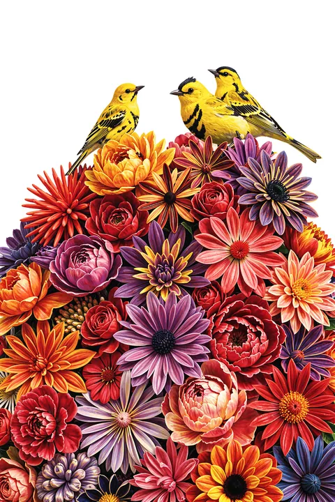 Colorful Garden Birds. Several yellow-and-black birds perch above a dense, brightly colored arrangement of flowers.