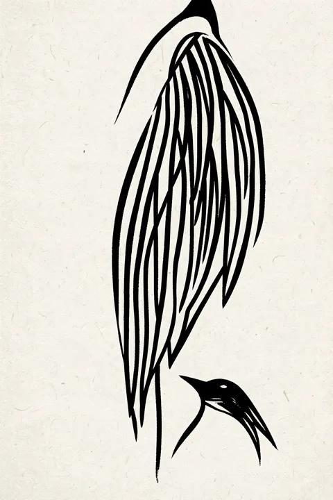 Elegant Striped Dove. A graphic black line drawing shows a dove-like bird with long, striped wings against textured cream.