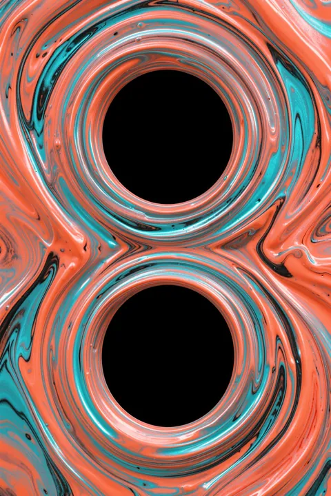 Vibrant Swirling Vortex. Coral and turquoise marbled bands swirl around two black circular openings in a glossy abstract design.