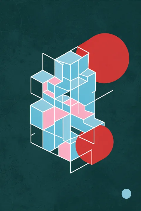 Impossible Staircase Geometry. An angular pale-blue and pink geometric structure with yellow steps and red circles stands against deep teal.