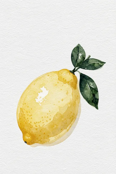 Fresh Yellow Lemon. A single yellow lemon with dark green leaves is painted in watercolor on textured white.