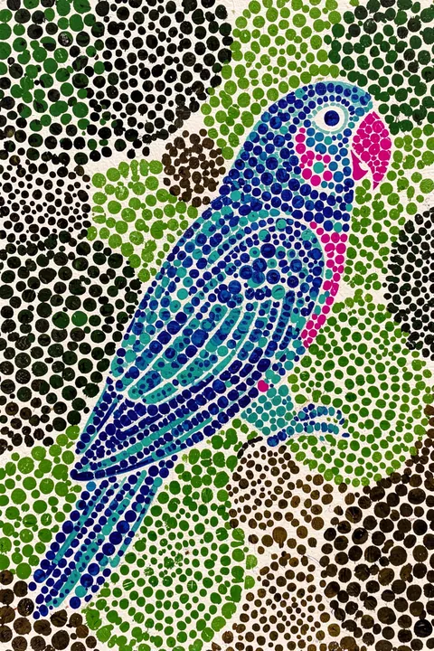 Jungle Parrot. A blue-and-turquoise parrot with a pink beak is built from colored dots against a green-and-black dotted background.