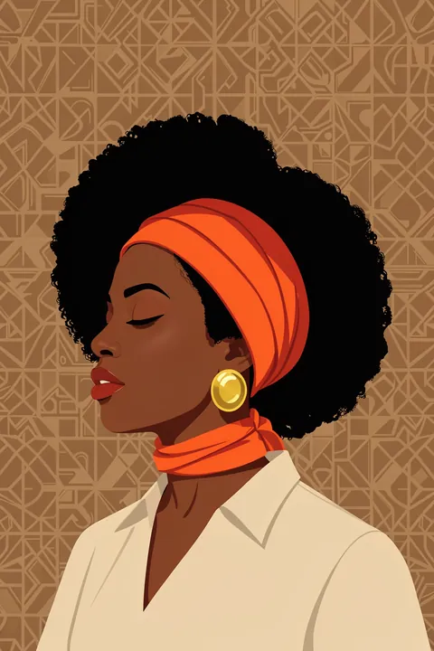 Afro puff. A woman in profile wears an orange headwrap and scarf, large gold earring and cream shirt against a brown geometric pattern.