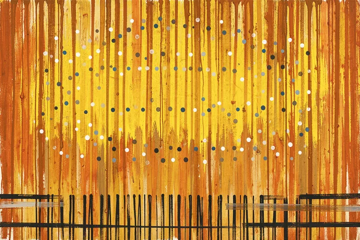 Abstract City Walk. A textured golden-orange urban scene combines rows of small colored lights with dark horizontal railings along the bottom.