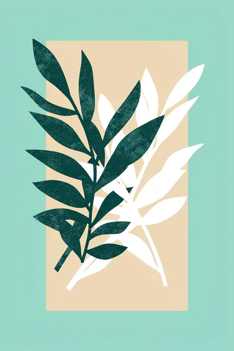 Textured Botanical Leaves. Dark teal and white leafy silhouettes overlap within a cream rectangle on a mint-green background.