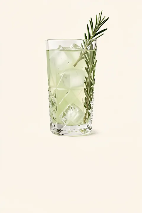 Refreshing Gin Tonic. A faceted glass holds a pale drink and ice, garnished with a tall sprig of rosemary against warm cream.