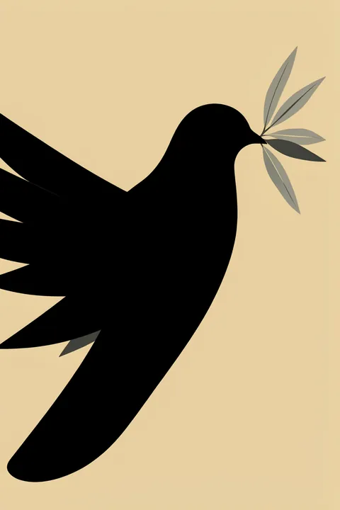Peace Dove with Olive Branch. A large black dove silhouette carries a muted grey-green olive branch on pale beige.