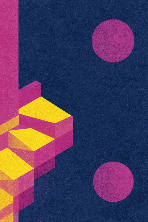 Impossible Stairs Illusion. Pink and yellow stair-like blocks rise along the left side beneath two magenta circles on a dark blue field.