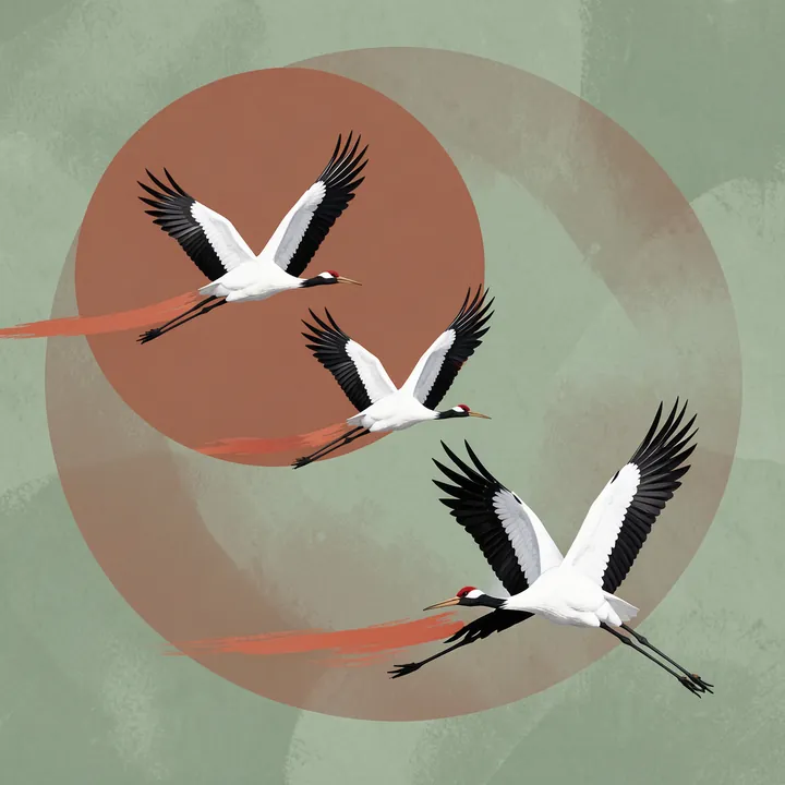 Cranes in Flight. Three white cranes with black wingtips fly across muted green circles and rust-colored brushstrokes.