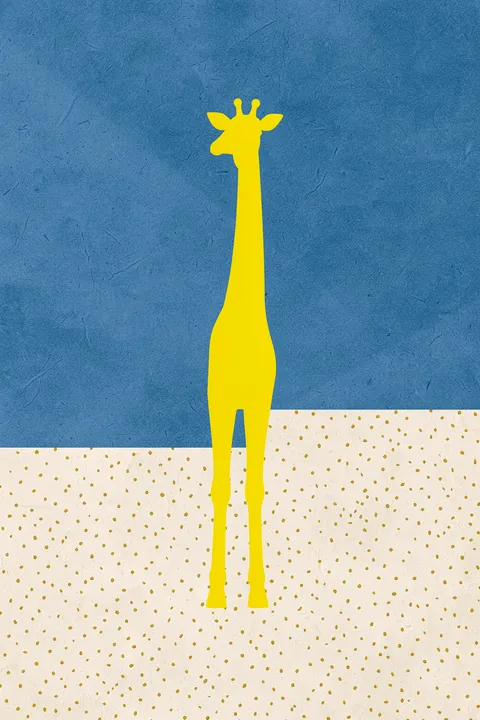 Tall Yellow Giraffe. A bright yellow giraffe silhouette stands against textured blue above a cream, gold-speckled ground.
