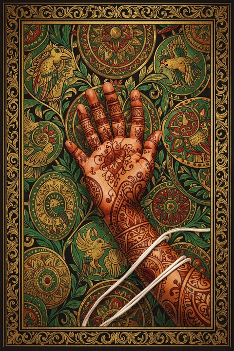 Ornate Mehndi Hand. An intricately patterned henna-decorated hand is centered within a dark green ornamental scene and gold frame.