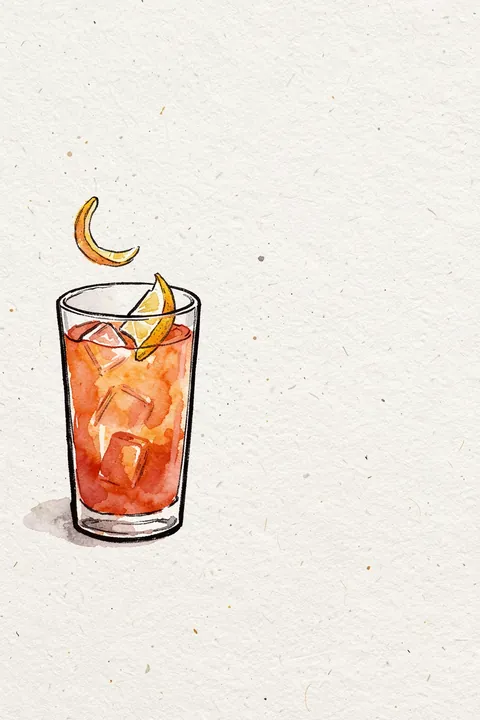 Vibrant Negroni Watercolor. A watercolor-style red-orange drink with ice and a citrus slice sits in a clear glass, with a curved citrus wedge above.