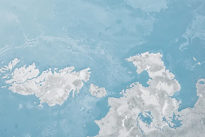 Glacial Blue Flow. Pale, irregular ice floes drift across a textured glacial-blue expanse of water.