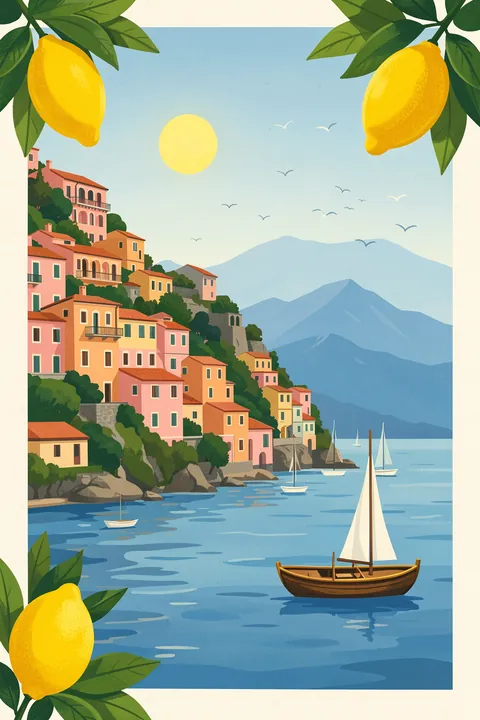 Portofino, Italy. Pastel hillside houses overlook blue coastal water and sailboats, framed by lemons and green leaves.