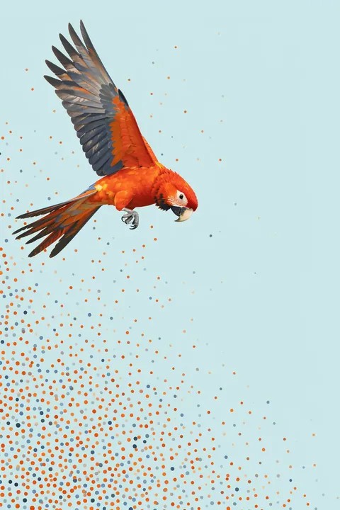 Fly With Me (blue). A red-and-orange parrot flies across a pale blue field above a scatter of small colored dots.