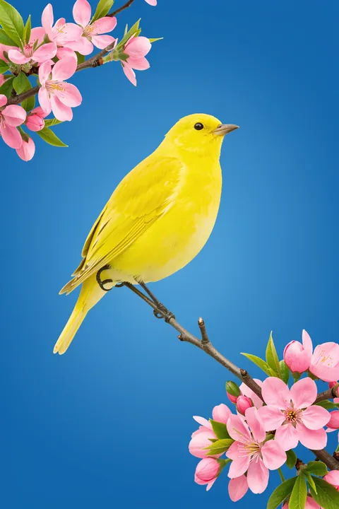 Yellow Bird Spring Bloom. A bright yellow bird perches on a branch between clusters of pink spring blossoms against vivid blue.