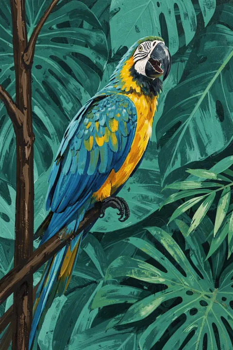 Stylish Jungle Macaw. A blue-and-yellow macaw perches among broad tropical leaves in layered shades of teal and green.