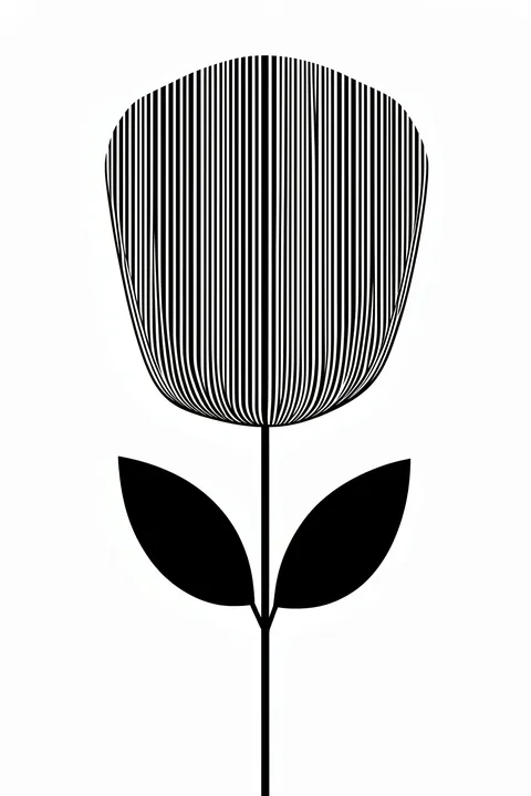 Minimalist Black Flower. A simple black line drawing of a slender flower and two leaves stands alone on a white background.