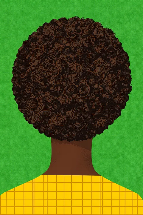 Textured Afro Man. A rear-view portrait shows a person with a large textured afro wearing a yellow checked shirt against vivid green.
