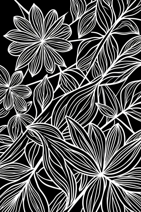 Flowing Abstract Leaves. Fine white outlines of leaves and flowers overlap in a dense botanical pattern on black.