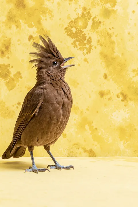 Singing Crested Bird. A brown crested bird with an open beak stands against a warm yellow patterned background.