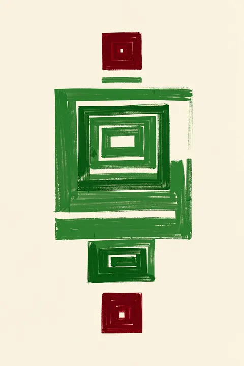Abstract Stacked Blocks. Loose nested squares in dark green and red form an abstract geometric composition on cream.