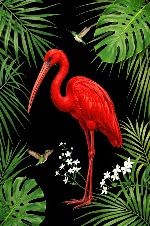 Scarlet Ibis Tropical Birds. A red ibis and two small hummingbirds appear among green tropical leaves and white flowers on black.